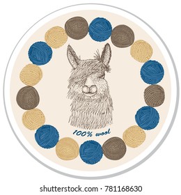 Alpaca. Label for yarn, textile and knitwear. Vector illustration