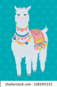 Alpaca lama with a beautiful saddle and pompons. Turquoise background with polka dot pattern. Vector illustration.