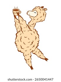 Alpaca Lama com um copo de café quente. Ilustração para impressões, adesivos, avatares, publicidade.