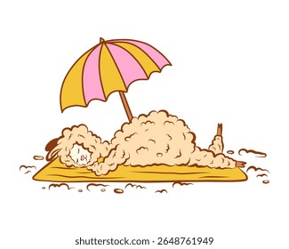 Alpaca Lama under an umbrella on the beach. Illustration for prints, stickers, avatars, advertising.