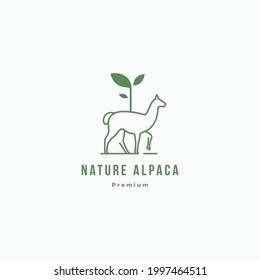 Alpaca with leaf organic nature premium logo design concept. Vector illustration