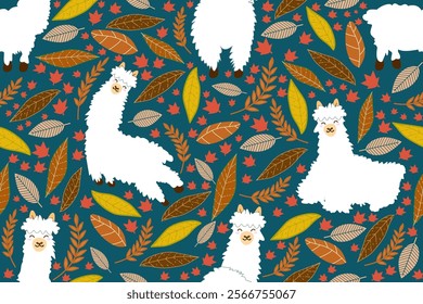 Alpaca with leaves Autumn seamless pattern