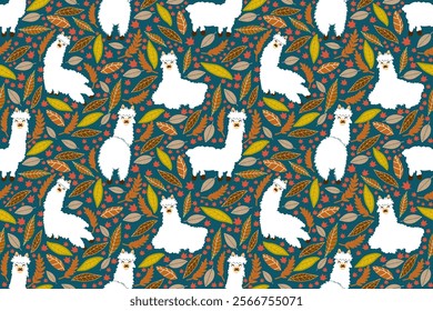 Alpaca with leaves Autumn seamless pattern