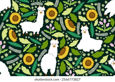 Alpaca with leaves and sunflower seamless pattern