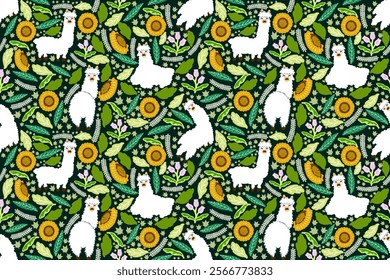 Alpaca with leaves and sunflower seamless pattern