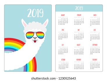 Alpaca llama animal face in glassess. Rainbow. Simple pocket calendar layout 2019 new year. Week starts Sunday. Vertical orientation. Cute cartoon character. Flat design. Blue background. Vector