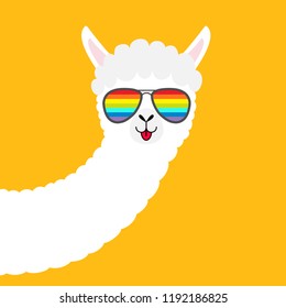 Alpaca llama animal face in rainbow glassess. Cute cartoon funny kawaii character. Fluffy hair fur. T-shirt, greeting card, poster print. Childish baby collection. Flat design Yellow background Vector