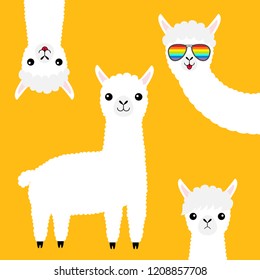 Alpaca llama animal set. Face in rainbow glassess. Cute cartoon funny kawaii character. Fluffy hair fur. T-shirt, greeting card, poster print. Baby collection. Flat design. Yellow background. Vector