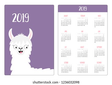 Alpaca llama animal. Simple pocket calendar layout 2019 new year. Week starts Sunday. Vertical orientation. Cute cartoon kawaii funny baby character. Flat design. Violet background Vector illustration