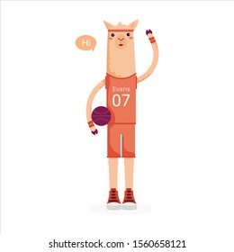 An alpaca or a llama in a basketball uniform holds a basketball and waves a hand to the spectator. Animal mascot with a Speech Bubble. Red basketball uniform, gym shoes.