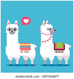 Alpaca, llama, characters with colorful decorative textile on their back 