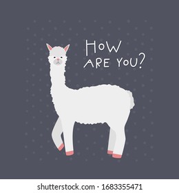 Alpaca or llama cute friendly animal character. How are you lettering vector illustration cartoon style. Simple flat clip art for kids child books, postcard, sticker, modern fashion textile print.