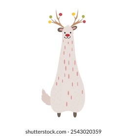 Llama de alpaca con cornamentas de decoración en diseño plano. Carácter lindo de las Navidades. Ilustración vectorial aislada.