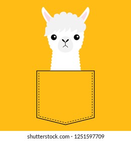 Alpaca llama face head in the pocket. Cute cartoon animals. Kawaii character. Dash line. Animal collection. White and black color. T-shirt design. Baby yellow background. Flat design. Vector