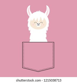 Alpaca llama face neck in the pocket. T-shirt design. Cute cartoon funny character. Kawaii animal. Love Greeting card. Flat design style. Pink background. Isolated. Vector illustration