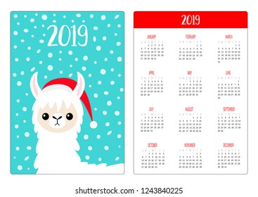 Alpaca llama face. Red Santa hat. Pocket calendar layout 2019 new year. Vertical orientation. Week starts Sunday. Cute cartoon funny kawaii baby character. Flat design. Blue snow background. Vector