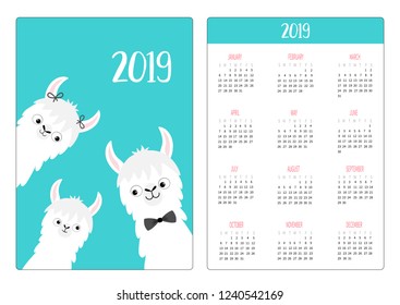 Alpaca llama family. Mother Father Baby Simple pocket calendar layout 2019 new year. Week starts Sunday. Vertical orientation. Cute cartoon kawaii funny character. Flat design. Pink background. Vector