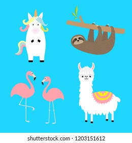 Alpaca, llama, flamingo, sloth, unicorn set. Cute cartoon funny kawaii character. Childish baby collection. T-shirt greeting card poster template print. Flat design Blue background Vector illustration