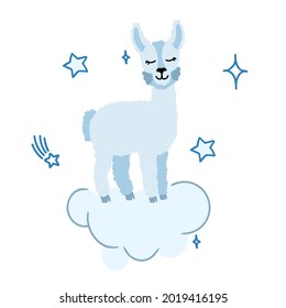 Alpaca llama is funny on a white background with closed eyes and stars. For printing on textiles, souvenirs and posters. Vector illustration.