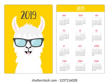 Alpaca llama in glassess. Simple pocket calendar layout 2019 new year. Week starts Sunday. Vertical orientation. Cute cartoon kawaii funny baby character. Flat design. Yellow background. Vector