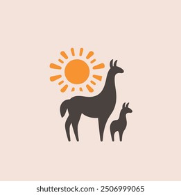 Alpaca llama with her baby. logo, emblem, icon, sign. Simple vector illustration	