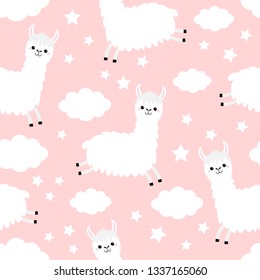 Alpaca llama jumping. Seamless Pattern. Cloud star in the sky. Cute cartoon kawaii funny smiling baby character. Wrapping paper, textile template Nursery decoration Pink background. Flat design Vector