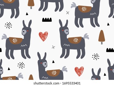 Alpaca or llama jungle pattern for kids, baby animal background vector art