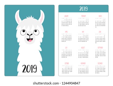 Alpaca llama looking up. Simple pocket calendar layout 2019 new year. Week starts Sunday. Vertical orientation. Cute cartoon kawaii funny baby character. Flat design. Blue background. Vector