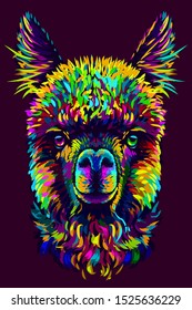 
Alpaca / Llama portrait. Abstract, hand-drawn, multi-colored portrait of an alpaca / llama on a dark purple background.