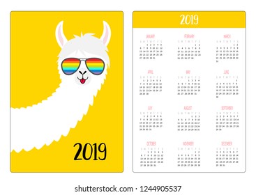 Alpaca llama in rainbow glassess. Simple pocket calendar layout 2019 new year. Week starts Sunday. Vertical orientation. Cute cartoon kawaii funny baby character. Flat design. Yellow background Vector