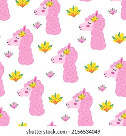 Alpaca, llama seamless pattern with flowers. Vector Illustration for printing, backgrounds, covers, packaging, greeting cards, posters, stickers and textile. Isolated on white background.