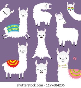 Alpaca llama set. Childish baby collection. Cute cartoon funny kawaii character. Fluffy hair fur. Emotions. T-shirt, greeting card, poster template print. Flat design. Violet background. Vector