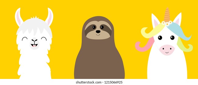 Alpaca, llama, sloth, unicorn set. Cute cartoon funny kawaii character. Childish baby collection. T-shirt, greeting card, poster banner template print. Flat design. Yellow background Vector