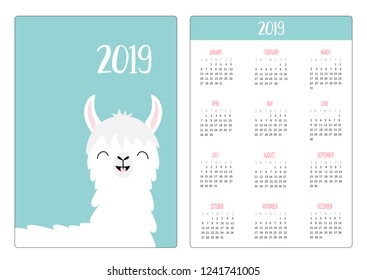 Alpaca llama smiling tooth. Simple pocket calendar layout 2019 new year. Week starts Sunday. Vertical orientation. Cute cartoon kawaii funny baby character. Flat design. Blue background. Vector