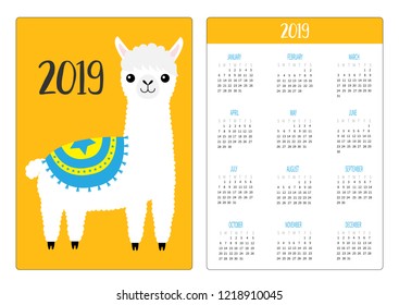 Alpaca llama standing. Simple pocket calendar layout 2019 new year. Week starts Sunday. Vertical orientation. Cute cartoon kawaii funny baby character. Flat design. Yellow background. Vector