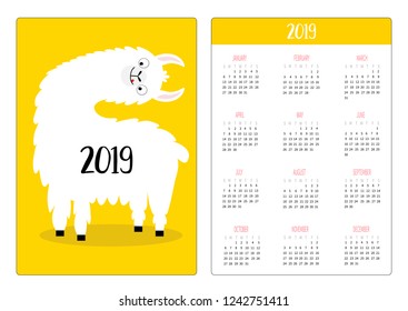Alpaca llama turning head. Simple pocket calendar layout 2019 new year. Week starts Sunday. Vertical orientation. Cute cartoon kawaii funny baby character. Flat design. Yellow background. Vector