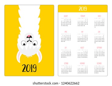 Alpaca llama upside down. Simple pocket calendar layout 2019 new year. Week starts Sunday. Vertical orientation. Cute cartoon kawaii funny baby character. Flat design. Yellow background. Vector