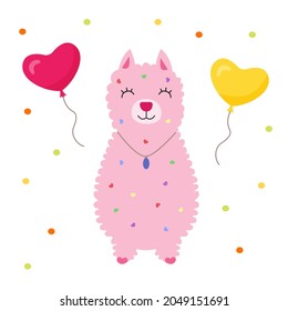 Alpaca llama wearing a necklace, a medallion around his neck and smiling. Around animal, balloons and confetti. Happy birthday greeting card, banner or poster for textile or print. Vector illustration