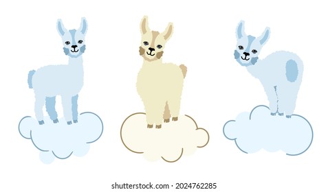 Alpaca llamas set of three on a white background with clouds. For printing on textiles, souvenirs and posters. Vector illustration.