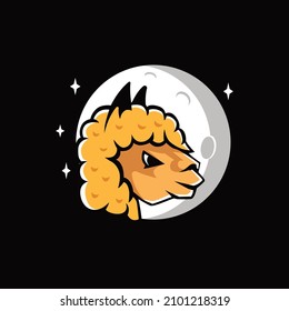Alpaca logo under moonlight. Farm animal mascot illustration, fur factory, cute animal.