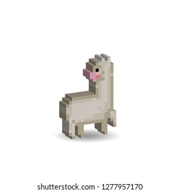Alpaca Lovely, 3D, Isometric, Pixel, 8-bit, White background.