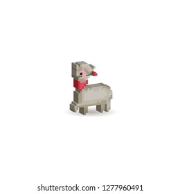 Alpaca Lovely, 3D, Isometric, Pixel, 8-bit, White background.