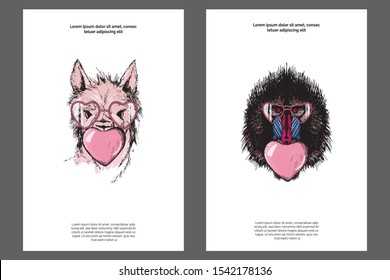 Alpaca and monkey in pink hearts- glasses with bubble- gum. Modern romantic posters templates set