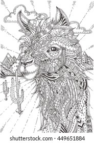 Alpaca in nature. Hand-drawn alpaca with ethnic doodle pattern. Coloring book page - zendala, design for relaxation for adults, vector illustration, isolated on a white background. Zen doodles.