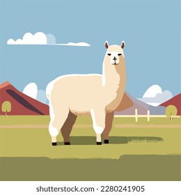 Alpaca in a paddock. Domestic or farm yard animals. Flat vector illustration concept