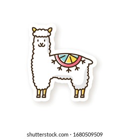 Alpaca patch. Peruvian domesticated cute woolly llama. South american adorable camelid. Hoofed ruminant animal from Andes. Camel-like mammal. RGB color printable sticker. Vector isolated illustration