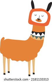 Alpaca portrait, cute cartoon character, isolated llama Peruvian mammal with wool. Farm pet for agriculture and domestic usage, rural livestock. Personage with furry coat. Vector in flat style
