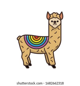 Alpaca with rainbow colored blanket isolated vector illustration for Find A Rainbow Day on April 3. South American Camelid symbol.