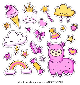 Alpaca, rainbow, stars, cat, clouds, ice cream, sweets, hearts on a white background. Set of cute cartoon stickers, patches, badges, pins. Doodle, hand drawn style. Vector isolated illustration.