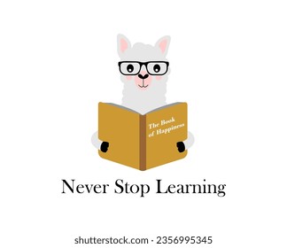Alpaca reading book on white background with text Never stop learning